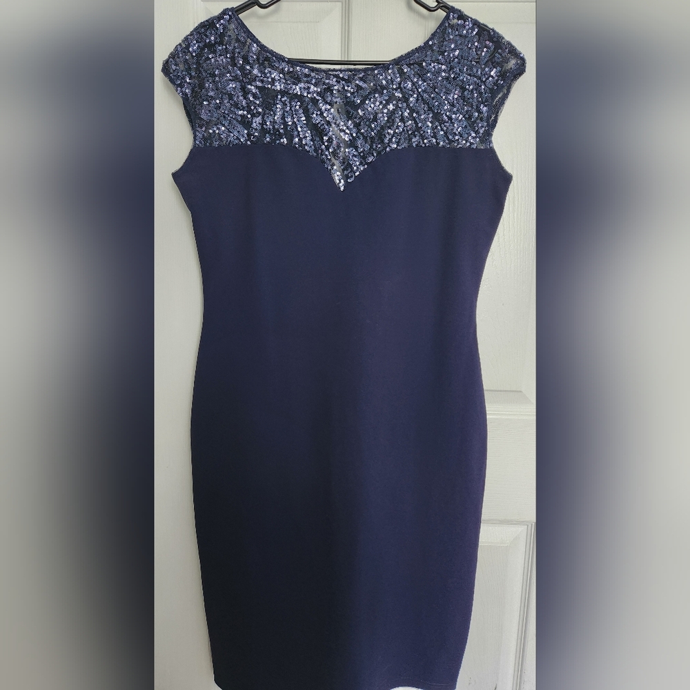 MARINA Blue Sheath Mini Dress Crew Neck Sleeveless